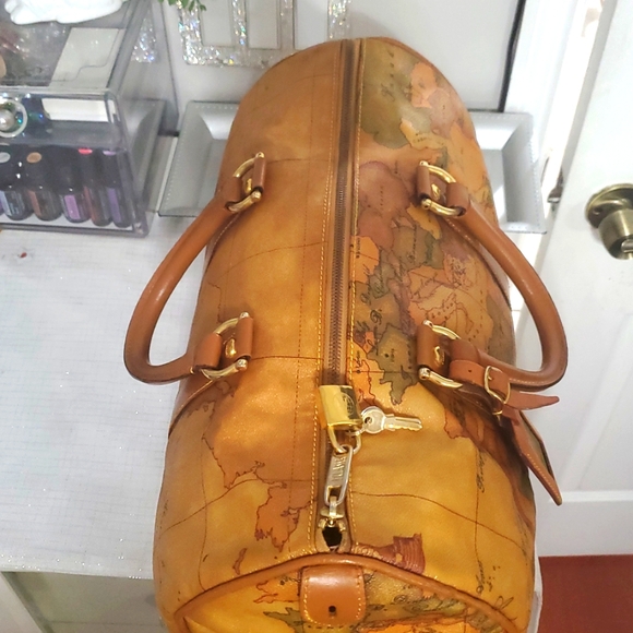 🇮🇹RAREALVIERO Martini Large Boston/speedy World Map Print Leather Duffel Bag🤎 - Picture 13 of 17